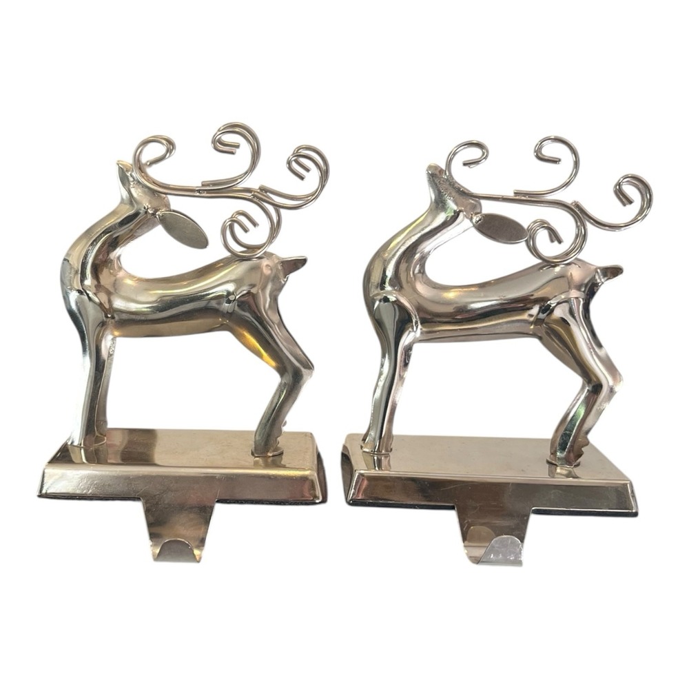 Set of 2 Silver Chrome Metal Reindeer Deer Christmas Stocking Holder Hook Hanger